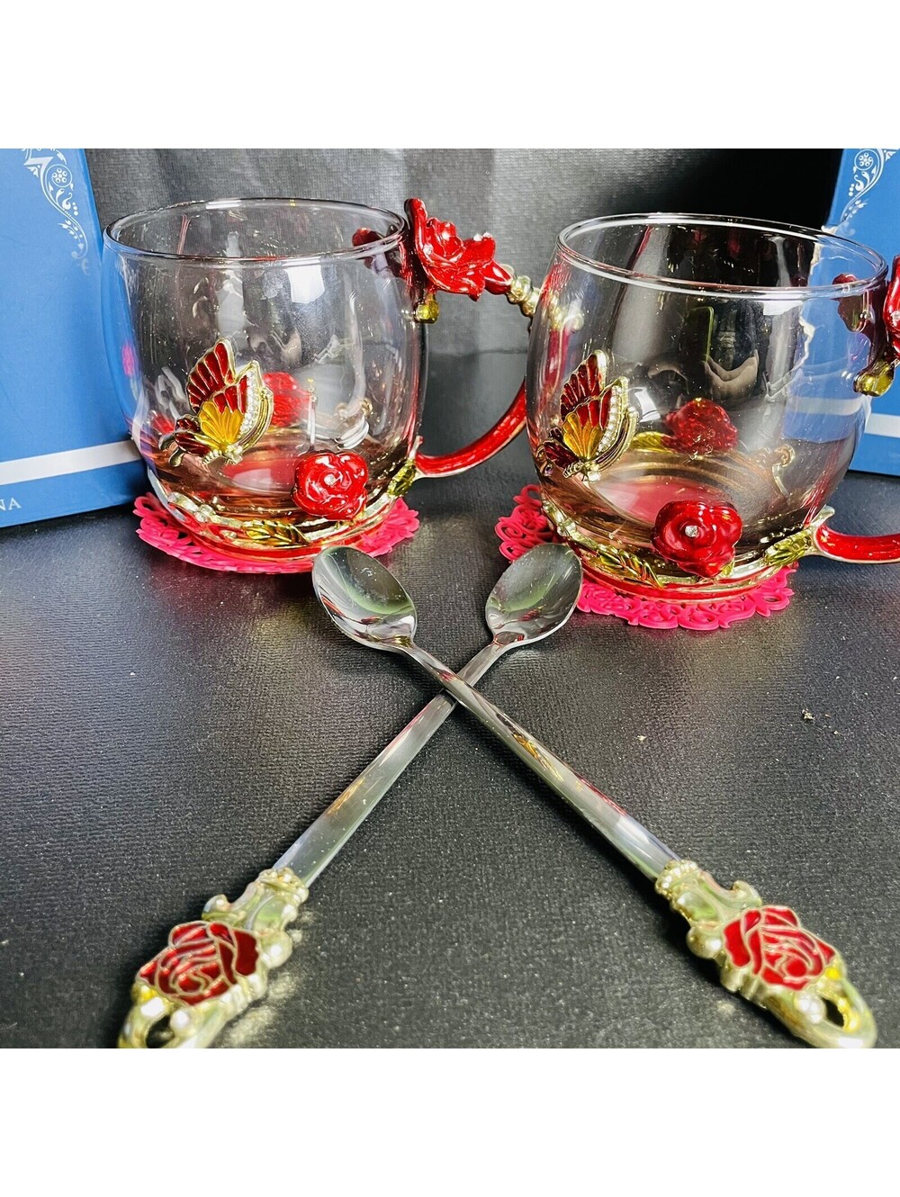 2 Glass Valentine’s Mug Set Coffee Cup Flowers & Butterflies w/Spoon 12oz